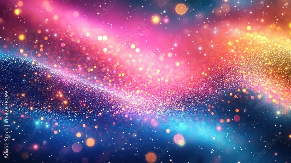 Poster vibrant cosmic scene with swirling waves of colorful particles and glowing bokeh lights creating a d