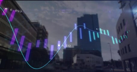 On play candlestick bars shifting height and color while cyan line graph tracking market trends - Powered by Adobe