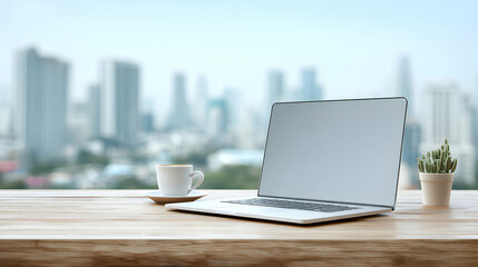 Fototapeta premium Inspiring workspace with a modern laptop, coffee and city view fosters creativity and productivity