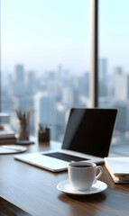 Serene workspace overlooking the city with laptop coffee and books creating a productive atmosphere calm and inviting
