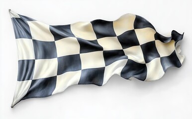 Waving black and white checkered flag with dynamic flowing motion on plain background