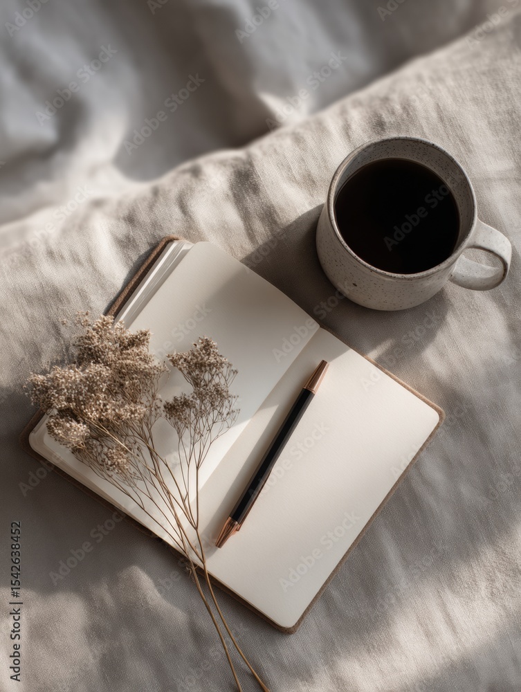 Aufkleber journaling layout with coffee and dried flowers for emotional release during recovery in a cozy sett