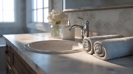 Elegant bathroom interior featuring a marble countertop with rolled towels and a modern chrome faucet
