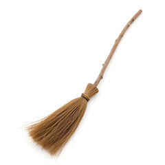 Wooden broomstick with natural twig bristles, rustic witch's broom, traditional Halloween prop, white background, studio lighting, commercial photography