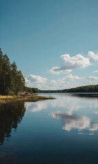 Tranquil lake reflects the expansive sky dotted with clouds bordered by dense trees serenity scene