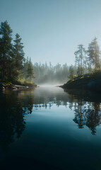 Majestic serene lake shrouded in early morning mist reflects a tranquil forest under a clear sky
