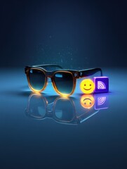 Futuristic sunglasses with a smiling emoji and a glowing tech icon