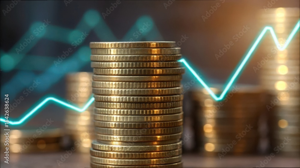 Poster stacked coins with fluctuating stock market graph background