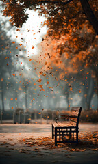 Serene park bench surrounded by falling autumn leaves creating a peaceful and contemplative scene capturing natures beauty