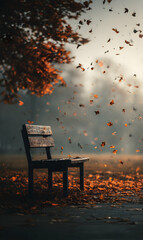Autumn serenity a solitary bench amidst falling leaves evokes peace and contemplation in nature's embrace