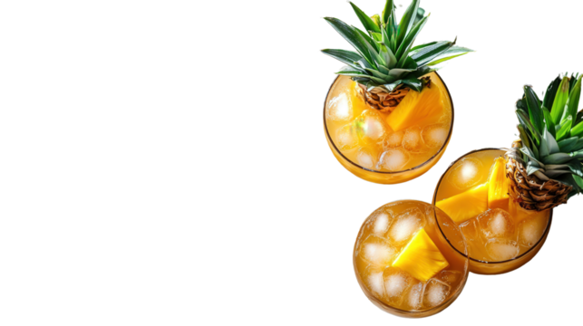 exotic iced drinks with pineapple and mango garnish on beachside wooden table, sunlight casting sharp shadows, overhead composition Transparent background, PNG file