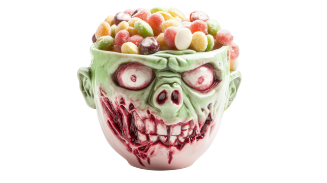 DIY candy bowl shaped like a zombie head Transparent background, PNG file
