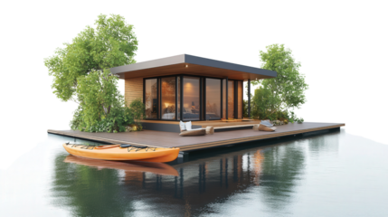 Floating water villa with dock and kayak concept Transparent background, PNG file
