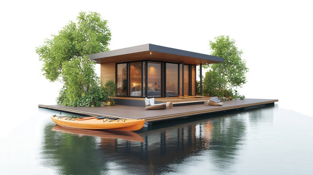 Floating water villa with dock and kayak concept Transparent background, PNG file - Powered by Adobe