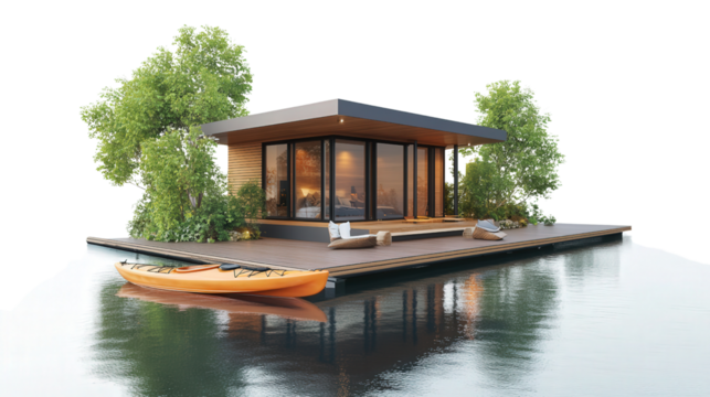Floating water villa with dock and kayak concept Transparent background, PNG file