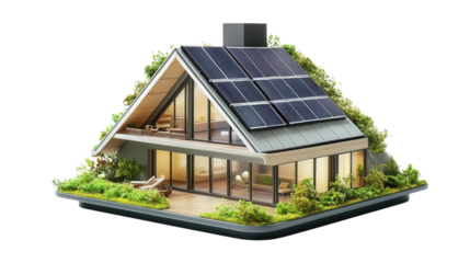 Futuristic eco-friendly house model with solar panels Transparent background, PNG file
