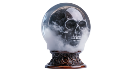 Halloween crystal ball with fog and skull base Transparent background, PNG file