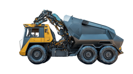 Futuristic garbage collection vehicle with robotic arms, Transparent background, PNG file