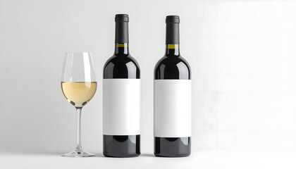 Elegant wine bottles with blank labels and glass of white wine