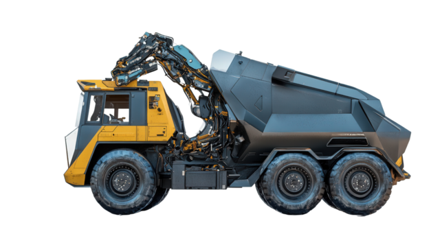 Futuristic garbage collection vehicle with robotic arms, Transparent background, PNG file