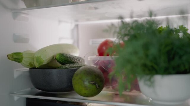 Fresh vegetables and herbs stored in a refrigerator, featuring healthy ingredients like zucchini, avocado, tomatoes, and greens. Ideal for promoting healthy eating and freshness.