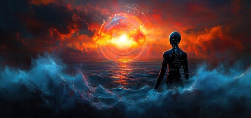 Obraz premium Silhouette of a futuristic humanoid figure standing in turbulent ocean waves facing a glowing digital sunrise under a dramatic cloudy sky