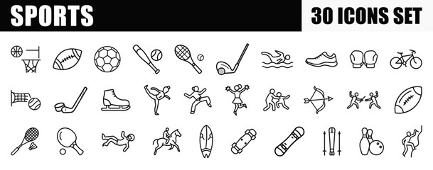 A comprehensive set of 30 line icons representing a wide array of sports, from team games and individual athletic pursuits to winter sports and combat activities.