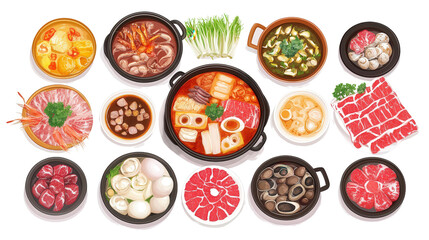 Hot pot restaurant menu with broth choices and meat options Transparent background, PNG file