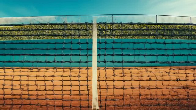 Open air tennis court under a bright blue sky on a vibrant day