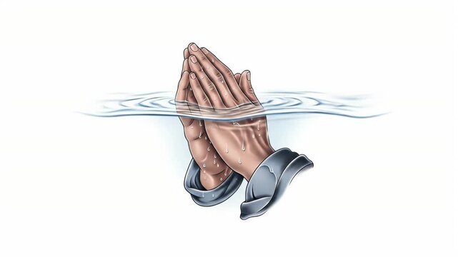 Detailed illustration of hands in prayer position submerged in water