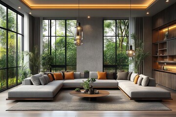 Fototapeta premium Modern spacious living room with large gray sectional sofa accented by orange and gray cushions, round wooden coffee table, indoor plants, pendant lights, and large windows overlooking green trees
