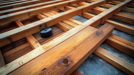 Close-up of wooden beams arranged in a grid pattern on a concrete floor under construction with natural wood textures and a black round object in the center