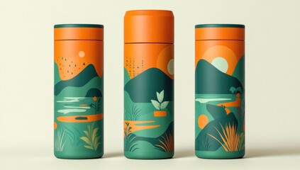 Fototapeta premium Three cylindrical insulated beverage containers, featuring vibrant landscape prints