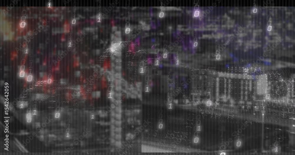 Poster city skyline fading into focus while binary digits drifting down, forming pulsing data mesh overlay