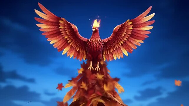 Digital illustration of a majestic phoenix soaring above autumn leaves against a clear blue sky