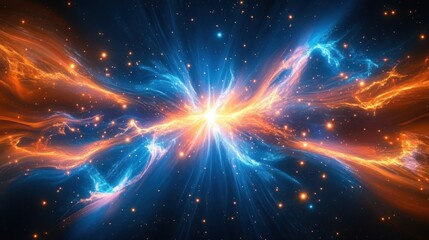 Fototapeta premium Bright cosmic explosion with vibrant swirling blue and orange energy streams radiating from a central glowing white light in deep space