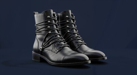pair of black boots isolated on navy blue colored solid background