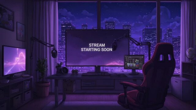 Cozy Streamer Room with City View. Stream starting soon screen, overlay loop, animated virtual backgrounds, cozy lo-fi gaming room view. vtuber asset twitch zoom OBS.