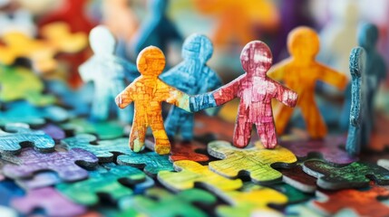 Colorful wooden figures holding hands on a puzzle background, symbolizing unity and teamwork.