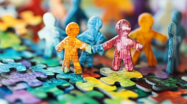 Colorful wooden figures holding hands on a puzzle background, symbolizing unity and teamwork.