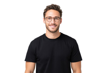 Naklejka premium A young man with glasses smiling confidently while wearing a black t-shirt. set against a clean white background. ideal for personal branding or professional profiles