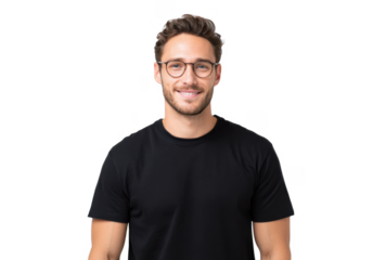 A young man with glasses smiling confidently while wearing a black t-shirt. set against a clean white background. ideal for personal branding or professional profiles