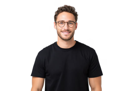 A young man with glasses smiling confidently while wearing a black t-shirt. set against a clean white background. ideal for personal branding or professional profiles - Powered by Adobe