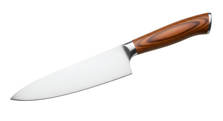 Obraz premium A stainless steel kitchen knife with wooden handle placed diagonaly, isolated on clean