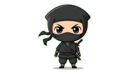 Centered chibi ninja character in black suit with a small sword, white background, kids comic style
