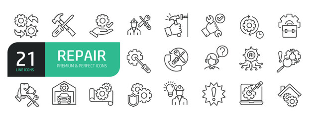 Set Of Repair Line Icons. The set includes a Maintenance, Repairman, Home Repair, Customer Service, Car Repair, Tools, Appliance Repair, and more.