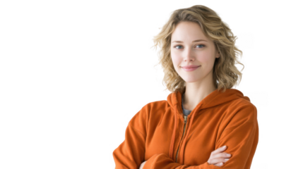 A young woman with curly hair wearing an orange hoodie stands confidently with her arms crossed against a plain white background. conveying a sense of positivity and self-assurance