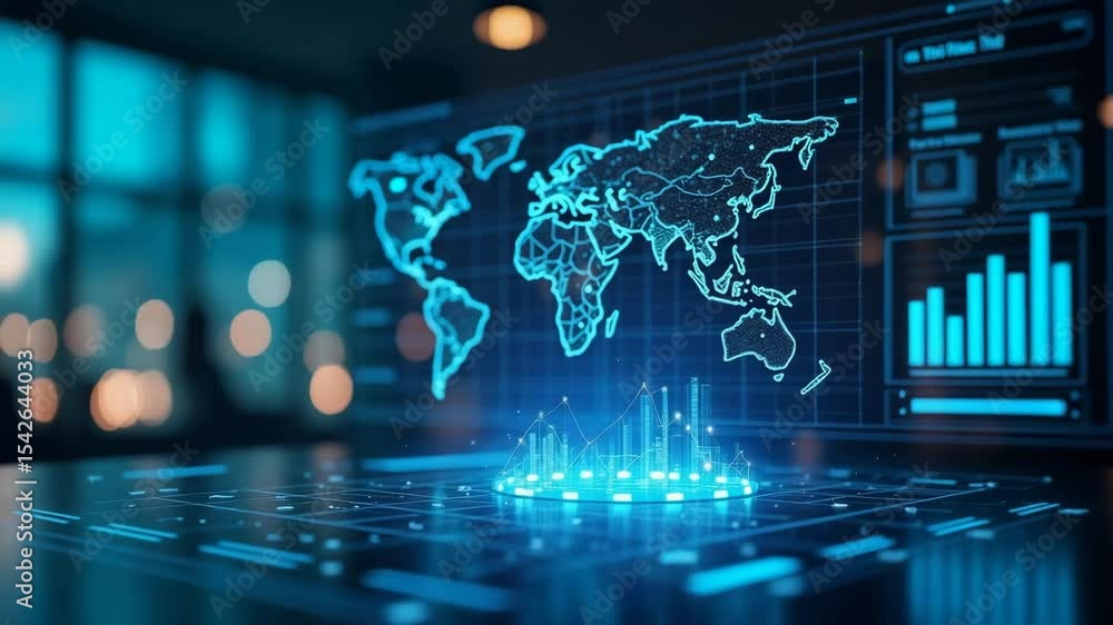 Poster global data visualization: digital world map and statistics