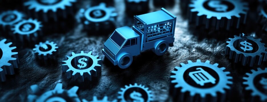Blue delivery truck amidst gears with dollar signs