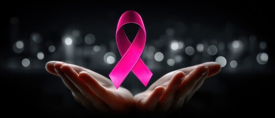 Pink ribbon held in hands, dark background